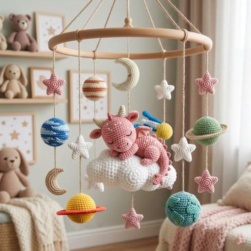 Crochet Dragon Baby Mobile, Space Planet Crib Mobile, Moon Star Nursery Decor, Baby Shower Gift, Handmade Nursery Mobile