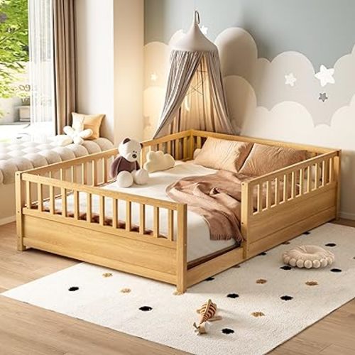 Bellemave Full Size Floor Bed with High Fence, Wood Montessori Bed with Slats and Guardrails, Full Size Montessori Floor Beds Frame for Kids, Girls, Boys, Natural