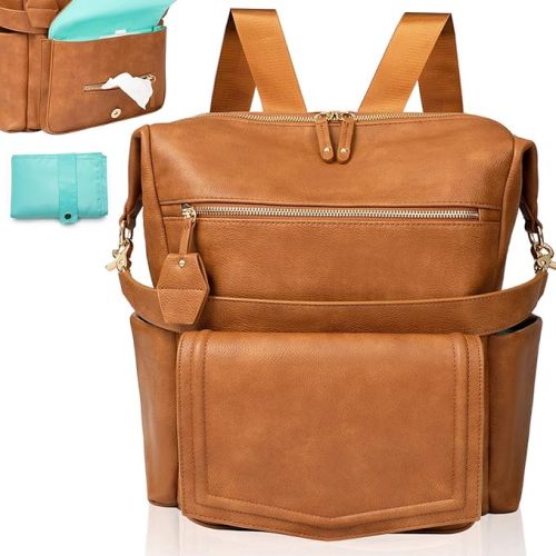 MOMINSIDE Diaper Bag Backpack Leather Convertible Baby Backpack Diaper Bag Hobo, Large Mom Baby Bag Hospital Bag,14 Pockets,Brown