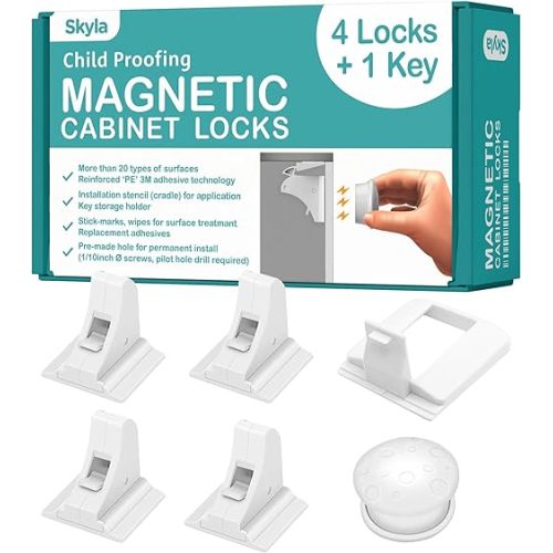 SKYLA HOMES Magnetic Cabinet Locks Baby Proofing Child Safety - The Safest Quickest and Easiest Multi-Purpose 3M Adhesive Child Proof Latches, No Screws or Tools Needed (4 Pack)