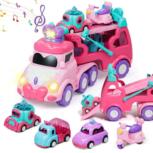 Toddler Girl Toys, Kids Toys for 2 Year Old Girl with Lights & Music, Toddler Toys Age 2 to 5 Girls, Toy Trucks Car for 2 3 4 5+ Years Old Girls 5 in 1 Car Carrier Toy Sets Birthday Christmas Gifts