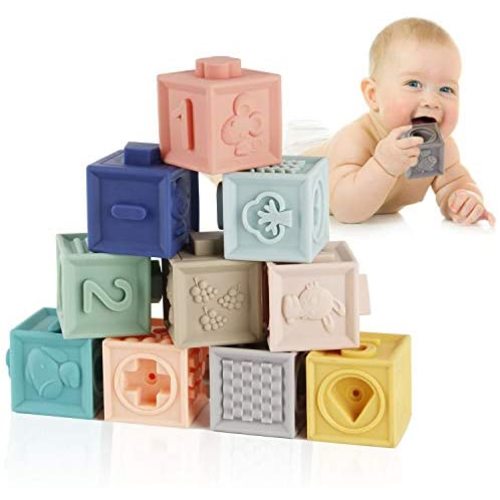 Mini Tudou Baby Blocks Soft Building Blocks Baby Toys Teethers Toy Educational Squeeze Play with Numbers Animals Shapes Textures 6 Months and Up 12PCS - baby blocks