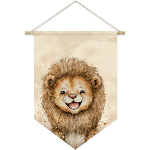 Safari Nursery Decor, Baby Lion Cute Wall Art,Kids room Canvas Banner, Woodland Nursery Decor, Watercolor Animal Lion for Living Room Bedroom Kids Room, Hanging Pennant Flag Banner 15x11in