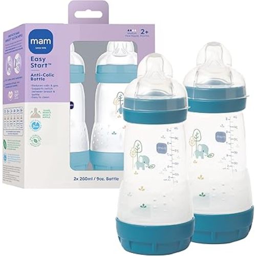 MAM 9oz Easy Start Anti-Colic Wide Neck Vented Baby Bottle, Medium Flow Breastfeeding-Like Nipple, Reduces Colic Gas & Reflux, Easy to Clean, BPA Free, 2+ Months, Made in Europe, 2 Pack, Unisex