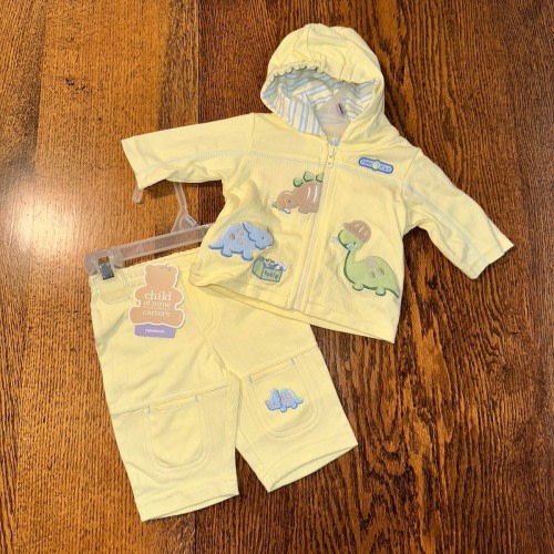 Y2K Carters Dinosaurs Appliqué Embroidered Outfit Set Newborn Yellow Hoodie