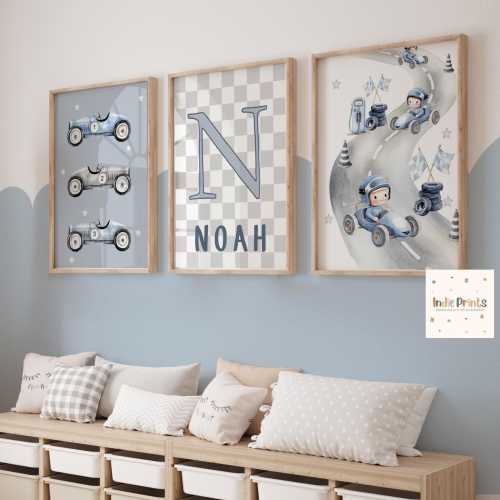 Set of 3 Race Car Prints, Little Racer, Boys Bedroom Prints, Car Prints, Boys Room Wall Art Racing Car Prints, Personalised Kids Room, Baby