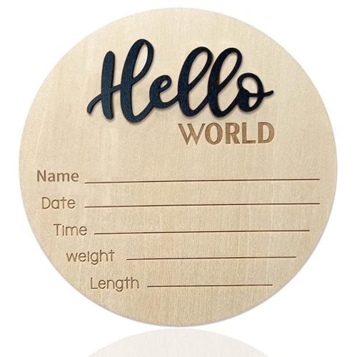Baby Announcement Sign, ​5.9 Inch Wooden Hello World Newborn Signs, Birth Announcement Sign, Baby Shower Hospital Nursery for Newborn Boys and Girls (Black)