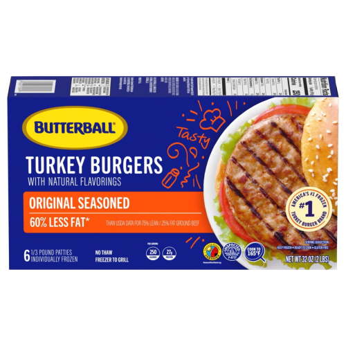 Butterball Frozen Turkey Burgers, Original Seasoned, 1/3 lb Patties, 6 Count