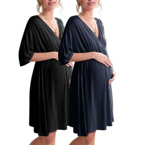 Ekouaer 3 in 1 Labor/Delivery/Hospital Gown Maternity Dress Nursing Nightgown Sleepwear for Breastfeeding 1&2 Pack Black/Navy Blue S