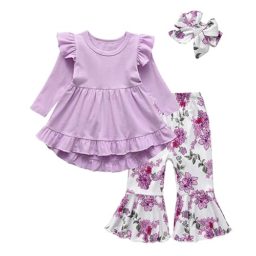 KuKitty Toddler Baby Girl Clothes Solid Color Long Sleeve Ruffle Tops Floral Bell-Bottoms Pants and Headband Outfits Set