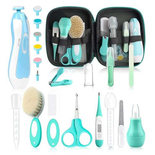 Baby Grooming Kit, Electric Safety Nail Trimmer Baby Nursery Kit,Infant Safety Care Set with Hair Brush Comb Nail Clipper Nasal Aspirator,Baby Essentials Kit for Newborn Girls Boys (20 Pc Green Kit)