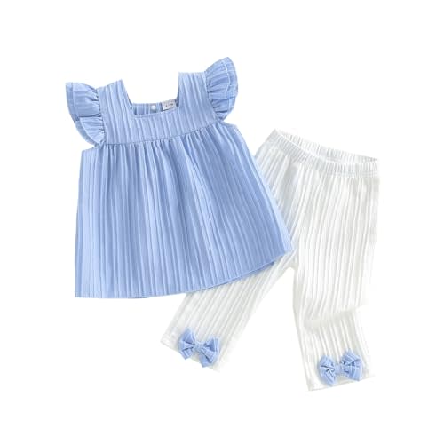 Amnnchya Little Girls Clothes Kids Solid Fly Sleeve Tank Tops Bow Pants Toddler Baby Girl Summer Outfits Spring 2pc Set
