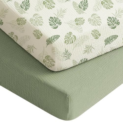 Konssy Muslin Crib Sheets for Boys, Soft Cotton Neutral Baby Sheets for Standard Crib Mattress 2 Pack, 52"x28" (Palm Paradise,Sage)