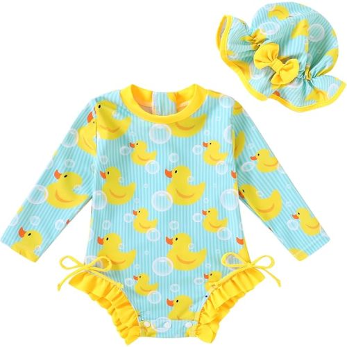 Infant Baby Swimsuit Girl Long Sleeve UPF 50+ Sun Protection One-Piece Rash Guard with Hat Zipper Bathing Suit