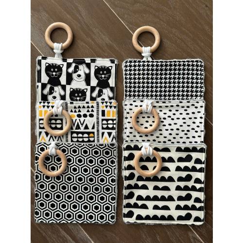 High Contrast Baby Crinkle Toy, Wood Ring Teether, Modern Crinkle Paci Keeper, Baby Shower Present, Black and White