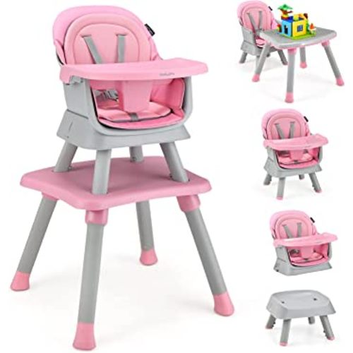 BABY JOY Baby High Chair, 8 in 1 Convertible Highchair for Babies & Toddlers | Booster Seat | Table and Chair Set | Building Block Table | Toddler Chair with Safety Harness, Removable Tray (Pink)