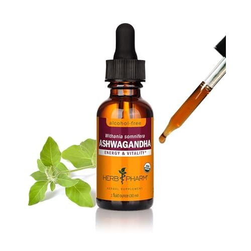 Herb Pharm Organic Ashwagandha Liquid Extract, Alcohol-Free: Mood Support Supplement, Vegan Ashwagandha Root Glycerite, Tasty Non-Bitter Adaptogen Extract for Adults, Non-GMO, 1 Oz