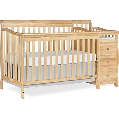 Dream On Me Brody 5-in-1 Convertible Full-Size Baby Crib & 3-Drawer Changer in Natural, Pinewood, GreenGuard Gold & JPMA, 1” Changer Pad, 3 Mattress Heights, Converts to Toddler & Full Size Bed