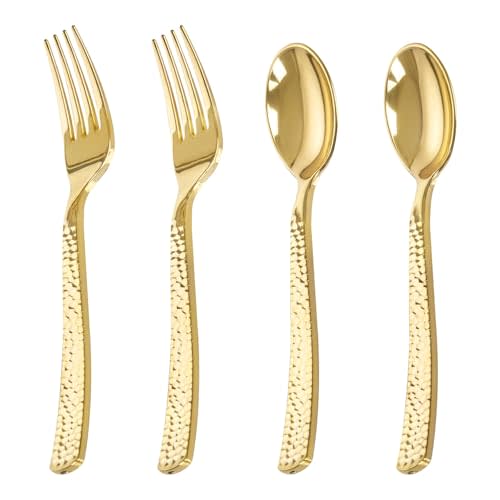 KIRE 400PCS Gold Plastic Spoons and Forks Disposable - Gold Plastic Silverware Set Disposable Spoons and Forks Set for Thanksgiving Party,Birthday