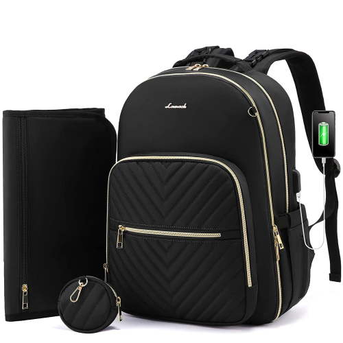 LOVEVOOK Diaper Backpack, Waterproof Bag with USB Port, Changing Station, Pacifier Holder - Black