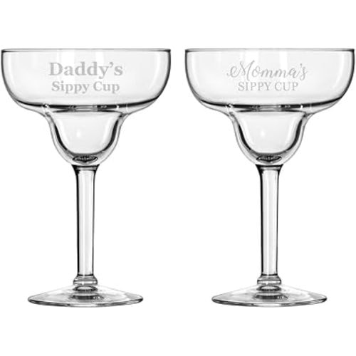 Set of 2 Margarita 15 oz Cocktail Glass Gift Momma And Daddy's Sippy Cup Funny For New Parents For Couple For Mom And Dad