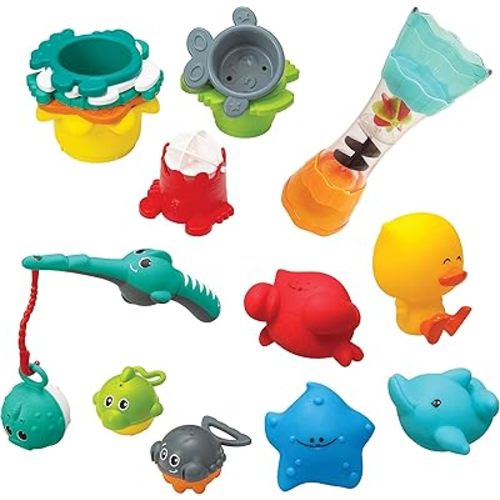 Infantino Splish & Splash Bath Play Set - Fishing Rod, Sea Pals, Bath Squirters, Stacking Cups, Fill & Spin Water Wand - Introduces Numbers, Stacking and Motor Skill Development - for Babies 0M+