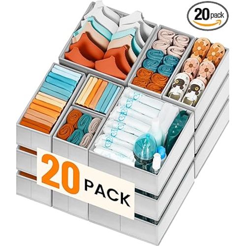 【FAMILY PACK】Drawer Organizer Clothes, 20 Pack Dresser Organizer Bins for Baby Clothes - Underwear Bra Sock Organizer - Fabric Closet Organization and Storage Dividers for Nursery Bedroom Dorm