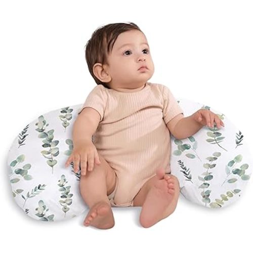 Little Grape Land Nursing Pillow,Upgraded Breast Feeding Pillow for Mom,Breastfeeding & Bottle Feeding for 0–17 Months, Soft Machine Washable Cover with firm breathable filling,Tummy Time,Green Leaves