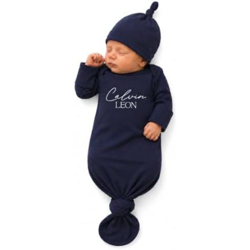 Personalized Newborn Knotted Gown with Hat or Bow, Custom Name Baby Outfit, Soft Bamboo, 0 to 3 Months