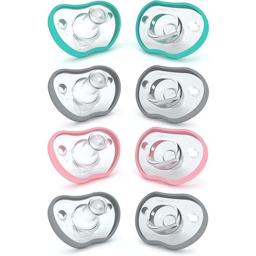Nanobebe Baby Pacifiers 0-3 Month - Orthodontic, Curves Comfortably with Face Contour, Award Winning for Breastfeeding Babies, 100% Silicone, Baby Registry Gift 8pk, Teal/Grey/Pink/Grey