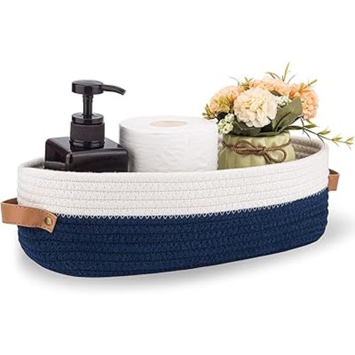 Toilet Basket,Woven Storage Basket for Toilet Tank Top Farmhouse Home Decor Organizing Baskets 13"x5.9"x4" Navy Stitching White