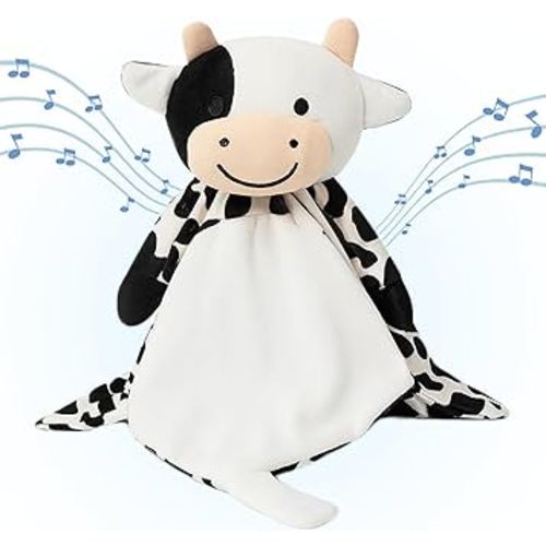 Baby Sleep Soother Black & White Cow Plush with Heartbeat & Lullaby Sounds, 4-in-1 Sound Machine, Security Blanket & Pacifier Holder, Baby Registry Essential & Christmas Gift for Newborns & Infants