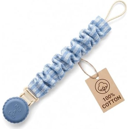 Muslin Cotton Pacifier Clips - Metal-Free, Lightweight and Secure Pacifier Holder for Babies (Ocean Bleu) - Mila & Lulu