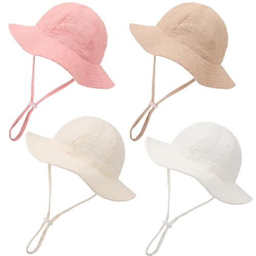 4 Pack Muslin Baby Sun Hat UPF 50+ Sun Protection Wide Brim Bucket Hat Summer Beach Hats for Toddler Infant Boys Girls