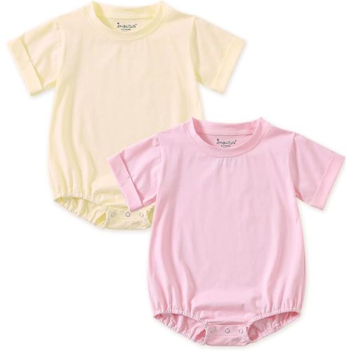 Jimonda Baby Bubble Rompers Boy Girl Solid Color T-Shirt Outfits Short Sleeve Button Bodysuit Cotton Tops Clothes 2Pcs