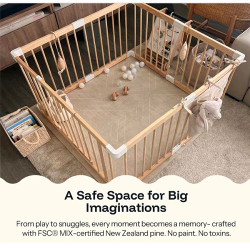HARPPA Wooden Baby Gate Playpen | Non-Toxic Foldable DIY Adjustable Play Yard for Infants & Toddlers – Natural Finish Baby Fence for Small & Large Spaces