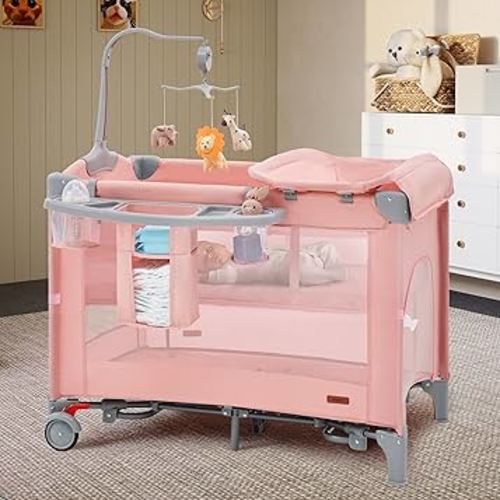 HARPPA Pack and Play 6 in 1, Portable Baby Playard for Travel, Baby Bassinet Bedside Sleeper with Mattress, Rolling Bassinet for Infant, Pack n Play with Changing Table, Bed Crib(Pink)
