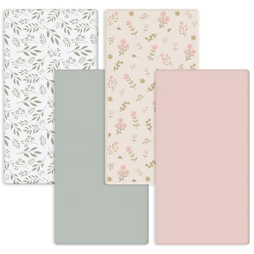 4 Pack Boho Floral Baby Crib Fitted Sheet for Girls 52'' x 28'' Pink Floral Green Leaf Stretchy Fitted Crib Mattress Sheet Wildflower Baby Bedding for Standard Mattress Gift Set