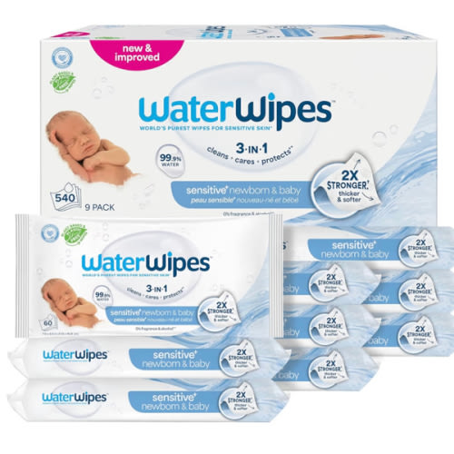 WaterWipes Sensitive+ Newborn & Baby Wipes, 3-In-1 Cleans, Cares, Protects, 99.9% Water, Unscented & Hypoallergenic, 720 Count (12 Packs)