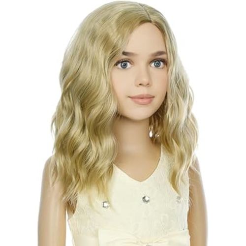 Blonde Wig Kids Child Short Wavy Wig Ash Blonde Wigs Mixed Blonde Wigs for Gilrs Cosplay Party Heat Resistant Blonde Synthetic Hair(Ash Blonde)