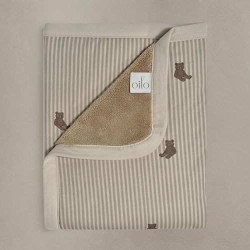 Oilo Baby Blanket, Luxury Plush Chenille Backing & Organic Cotton Jersey Print, Double Layered, 30" x 40", Rolled Jersey Edge Trim, Infant & Toddler Size, Heirloom Organic Collection, Bear