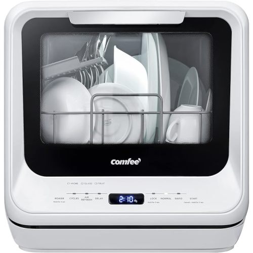 COMFEE' Portable Dishwasher Countertop with 5L Built-in Water Tank, No Hookup Needed, 6 Programs, 360° Dual Spray, 192℉ High-Temp& Air-Dry Function, Mini Dishwasher for RVs, White