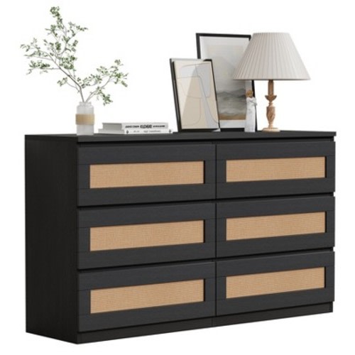 Dresser for Bedroom, Rattan 6 Drawer Dresser for Closet, Double Wood Dressers & Chest of Drawers, For Bedroom/Living Room/Entryway, Natural
