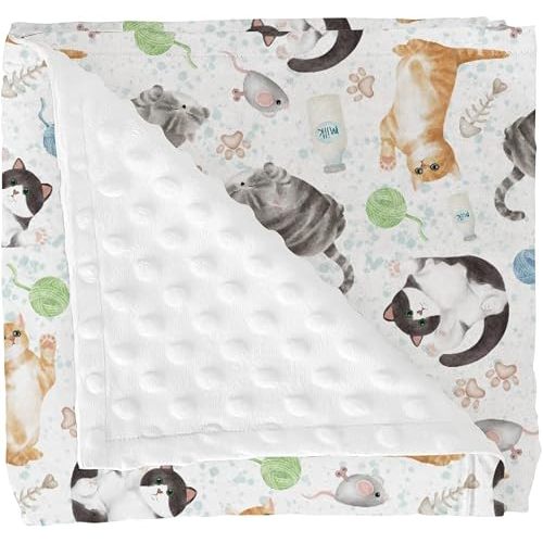 Cute Cat Baby Blankets for Girl Boy Watercolor Cat Mouse Toy Balls Neutral Soft Mink Dotted Backing Double Layer Swaddle Blanket Cats Lovers Gift Bed Throws for Newborn Toddler Crib Stroller 30x40