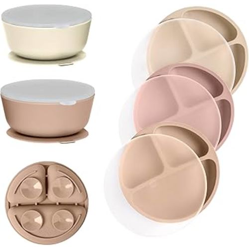 WeeSprout 3 Silicone Suction Plates with Lids & 2 Bowls Bundle for Toddler Feeding - Divided Design - Microwave & Dishwasher Safe - for Babies & Kids
