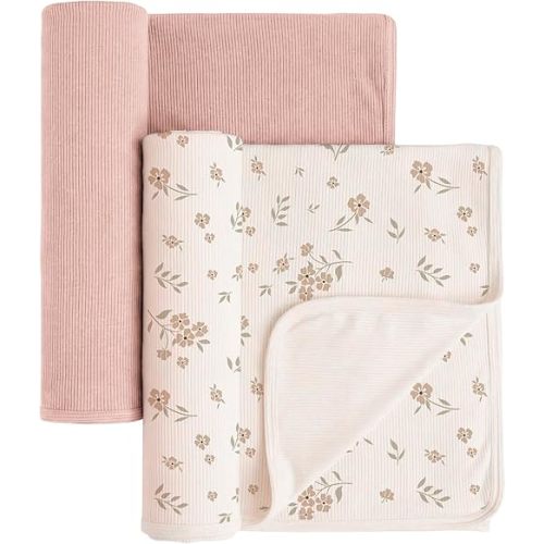 Konssy Knit Baby Blanket 2 Pack, Soft Ribbed Swaddle Receiving Blankets for Boys & Girls, Lightweight Cozy Swaddling Wrap for Newborns, Infants, & Toddlers, 33x42 Inch (Pink,Beige)