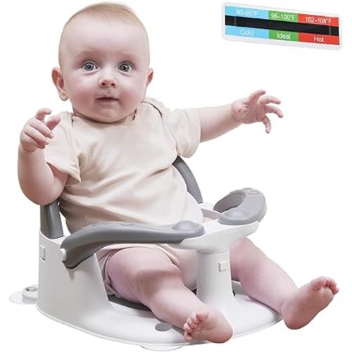 Baby Bath seat for Babies 6 Months & up, 360° Stable Toddler Bath Chair with one-Touch Button, Back Hollow Design, Water Temperature Card & 4 Suction Cups for Safety (Gray)