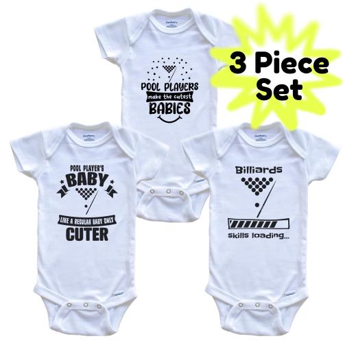 Billiards Pool Player Funny Cute Baby Bodysuit Bundle (3 Piece Set) - Baby Shower Gift Set