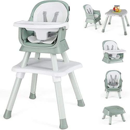 HONEY JOY 8 in 1 Baby High Chair, Convertible Highchair for Babies and Toddlers/Table and Chair Set/Building Block Table/Booster Seat/Stool/Toddler Chair with Safety Harness (Green)