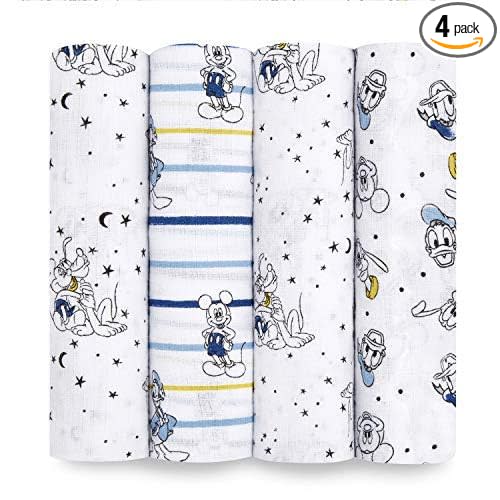 aden + anais Disney, Swaddle Blanket, Boutique Muslin Blankets for Baby Girls and Boys, Newborn Receiving Blanket for Swaddling, 100% Cotton Baby Swaddle Wrap, 4 Pack, Mickey Stargazer
